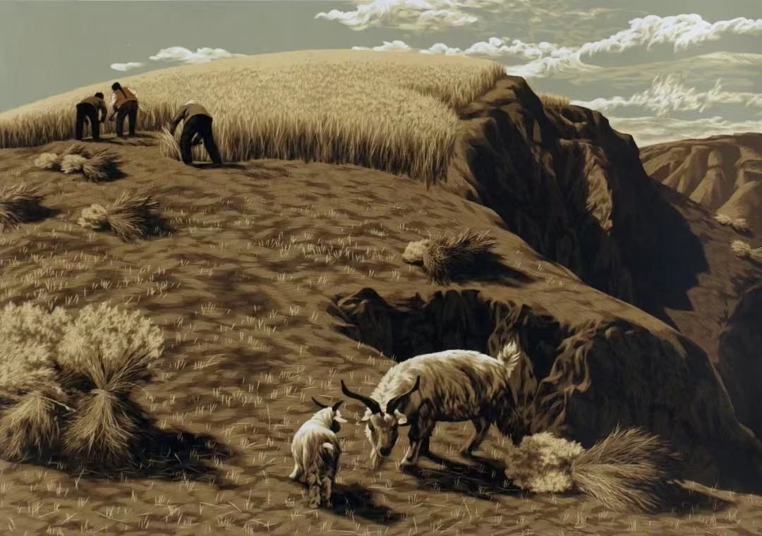 《割谷》 绝版木刻 61×87cm 2002年